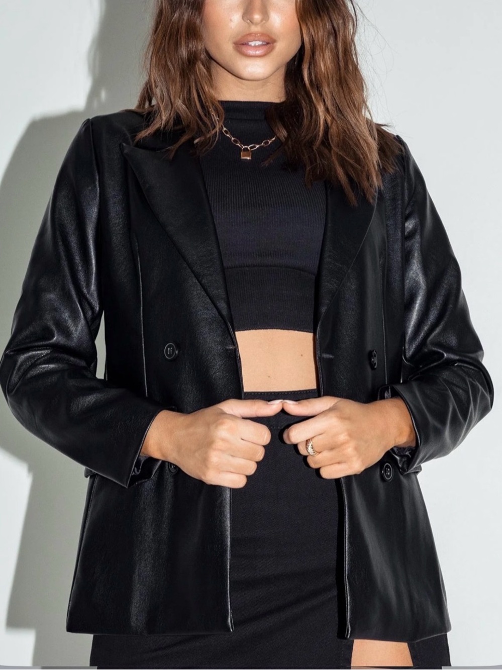 Princess Polly Black Faux Leather Double-Breasted Blazer